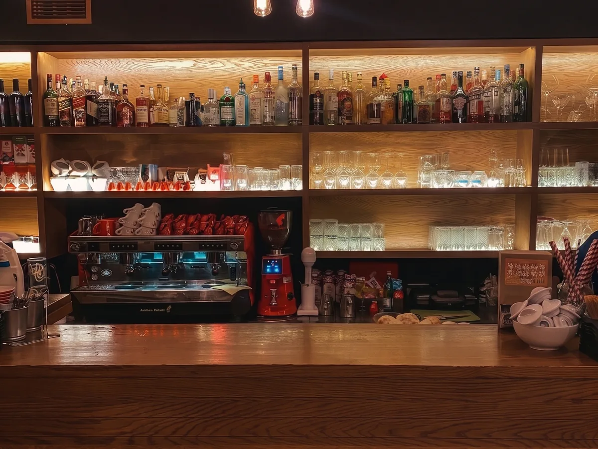 Desirée – profesionalni espresso aparat s punima regalima žestokih pića i čaša, bar interijer