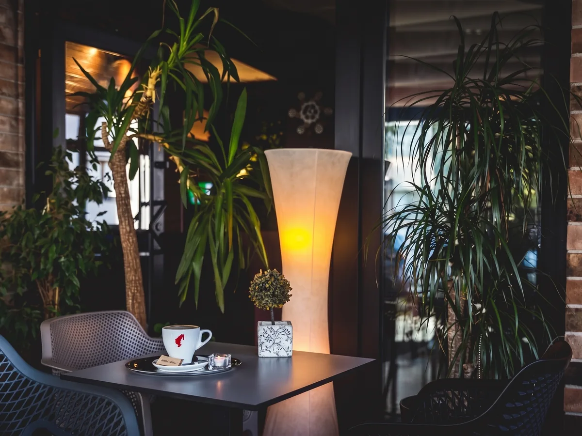 Caffe bar Desirée Trešnjevka Zagreb – terasa s Julius Meinl kavom, tropskim biljem i ambijentalnom lampom