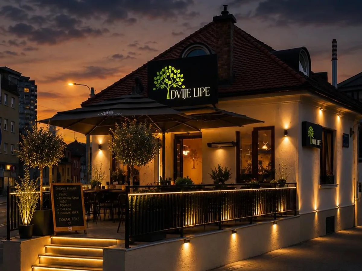 Dvije Lipe Zagreb – restaurant exterior at dusk with illuminated linden tree logo and terrace