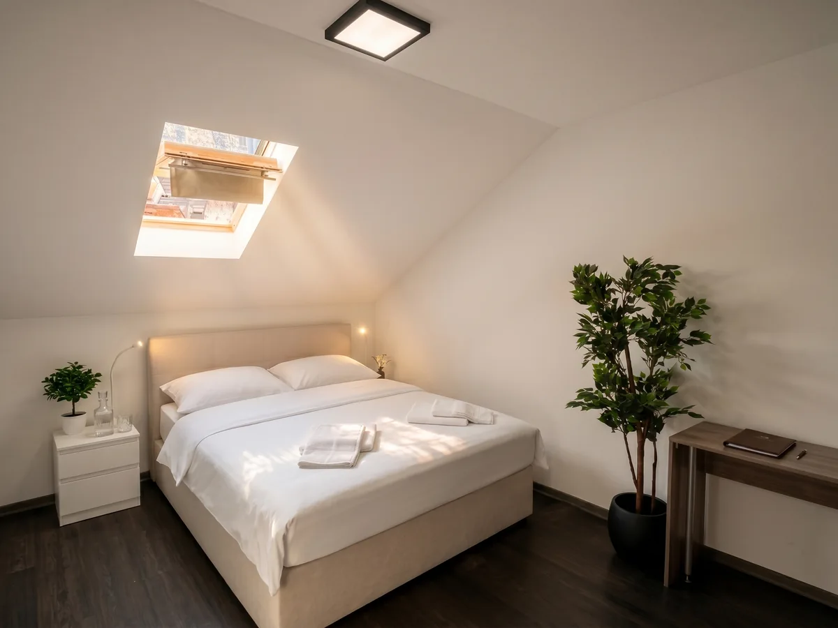 Kaptol Rooms Zagreb – attic dvokrevetna soba s krovnim prozorom i bijelom posteljinom