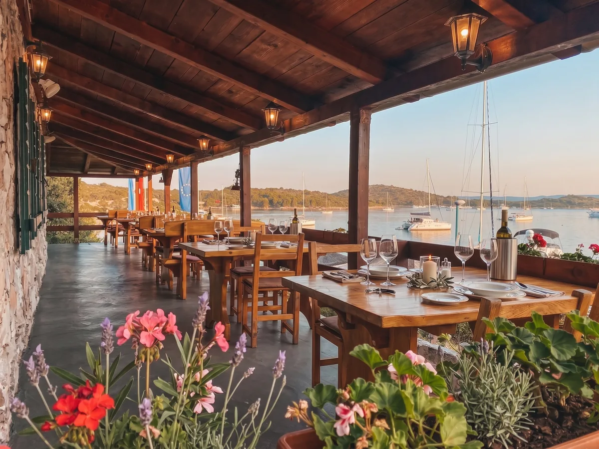 Trabakul Kornati – romantic daytime terrace with geranium flower boxes and sailboat, Kornati