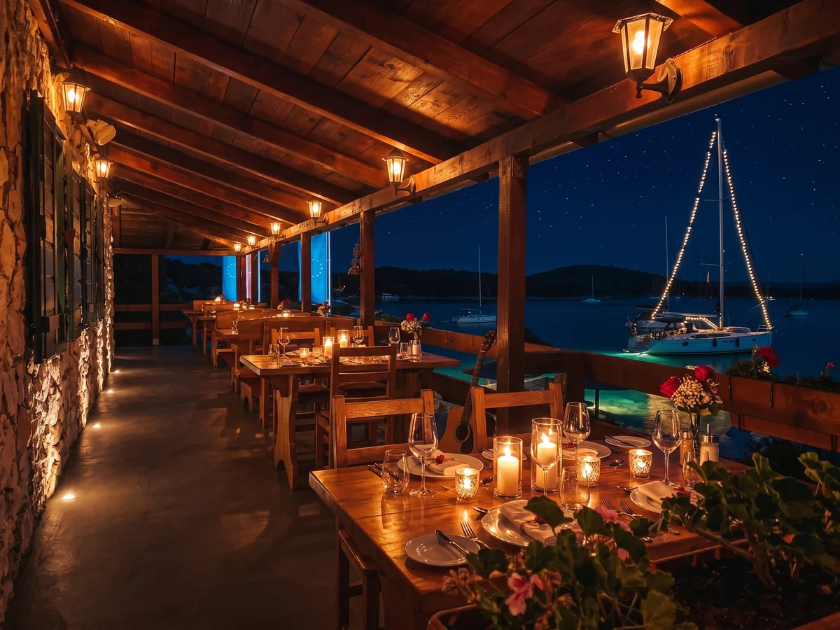 Trabakul Kornati – magical candlelit evening terrace with illuminated sailboat and starry sky over Kornati